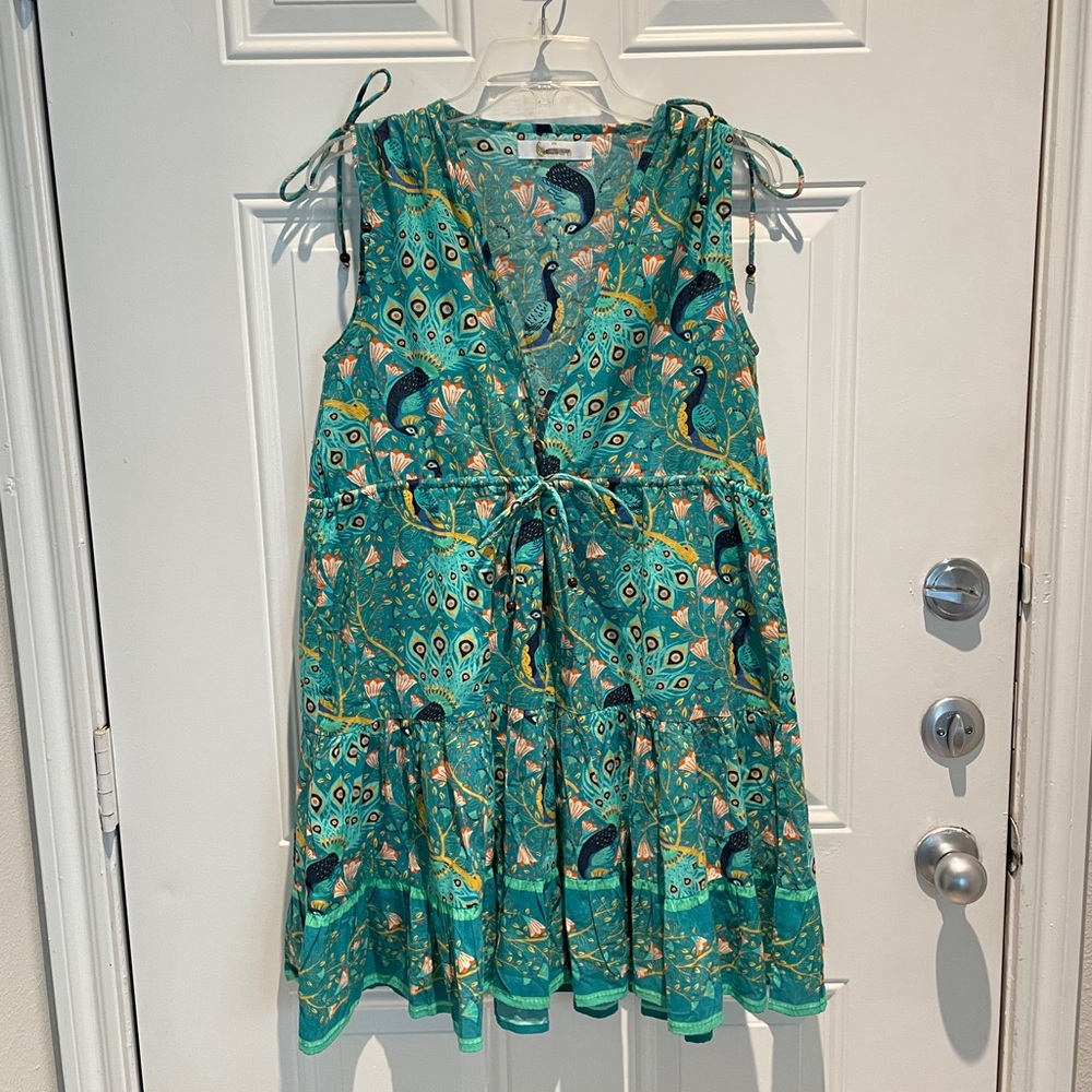 Bindu Turquoise Peacock A-Line Tiered Ruffle Sleeveless Dress Size Oversized XS
